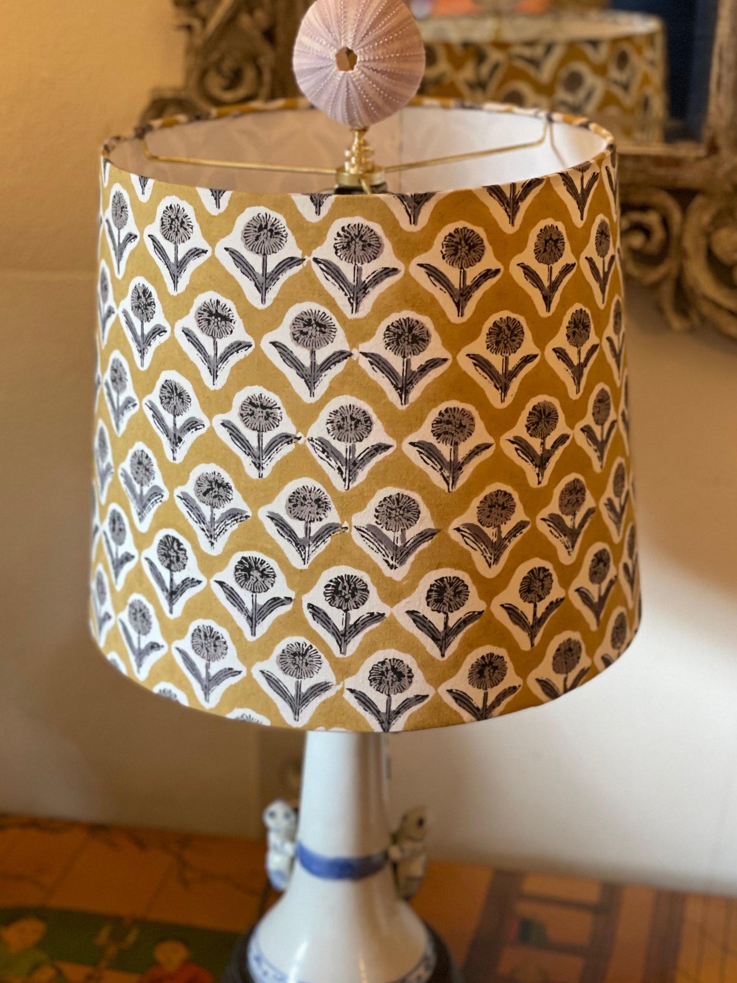 Medium Empire Lampshade. Indian Block print from Jaipur. Harvest Gold with Black and Gray Floral Motif.