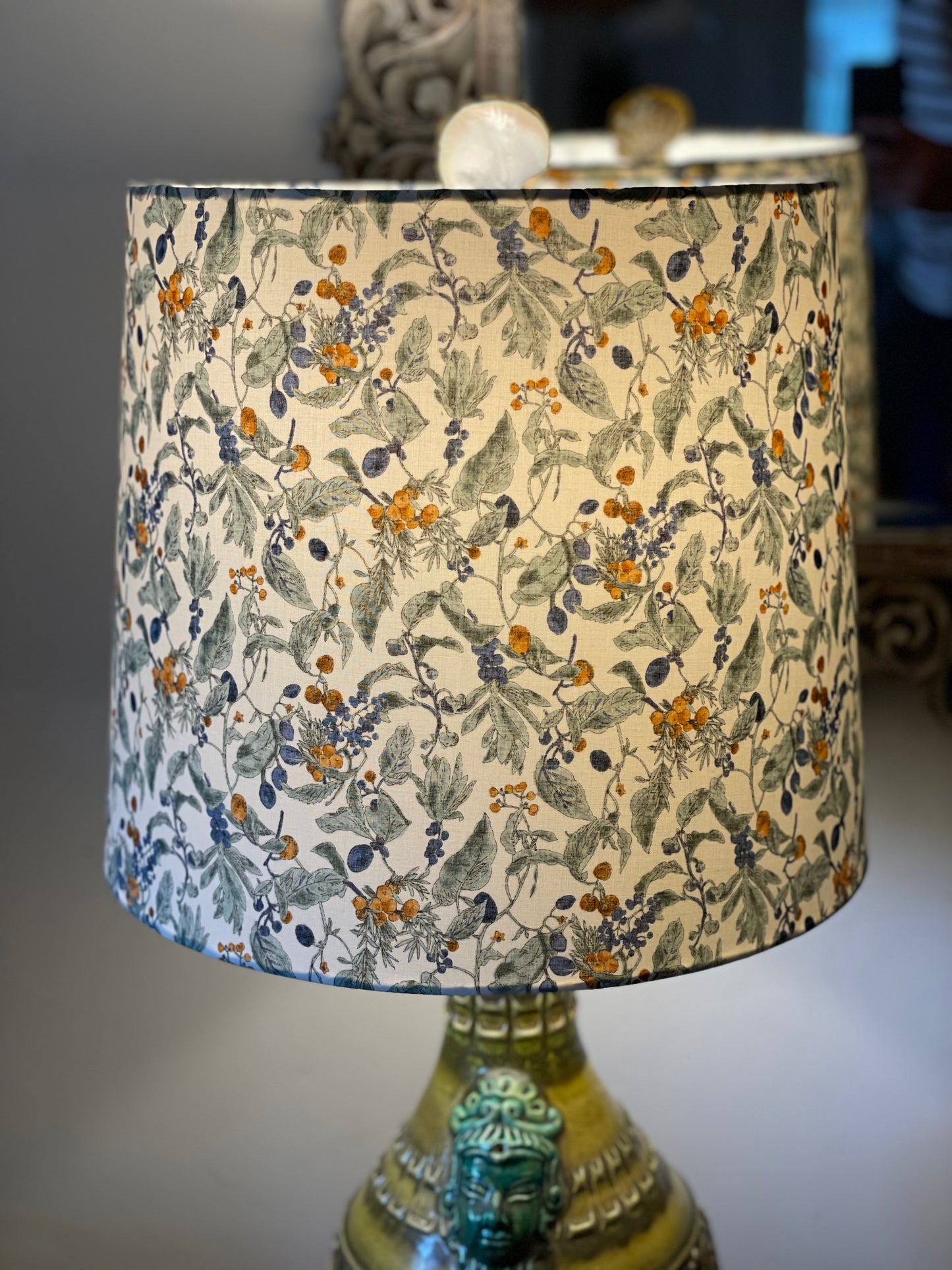 Large Empire Lampshade. 11.75 x 13.75 x 11.75. Japanese Cotton Print. Ivory with Blue and Golden Brown Berry with Sage Floral Motif.