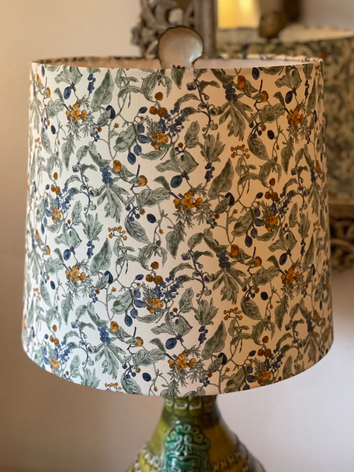 Large Empire Lampshade. 11.75 x 13.75 x 11.75. Japanese Cotton Print. Ivory with Blue and Golden Brown Berry with Sage Floral Motif.