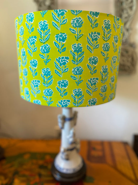 12 inch Drum Lampshade. Indian Block print from Jaipur. Lime Green with Teal Floral.