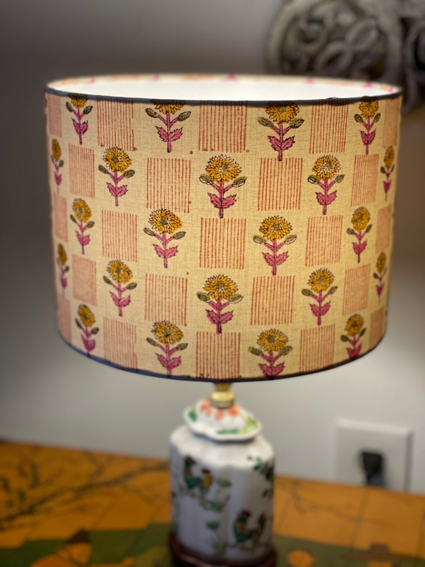 10 inch Drum Lampshade. Indian Block print from Jaipur. Camel with Pink, Gold, and Persian Orange Floral and Stripe.