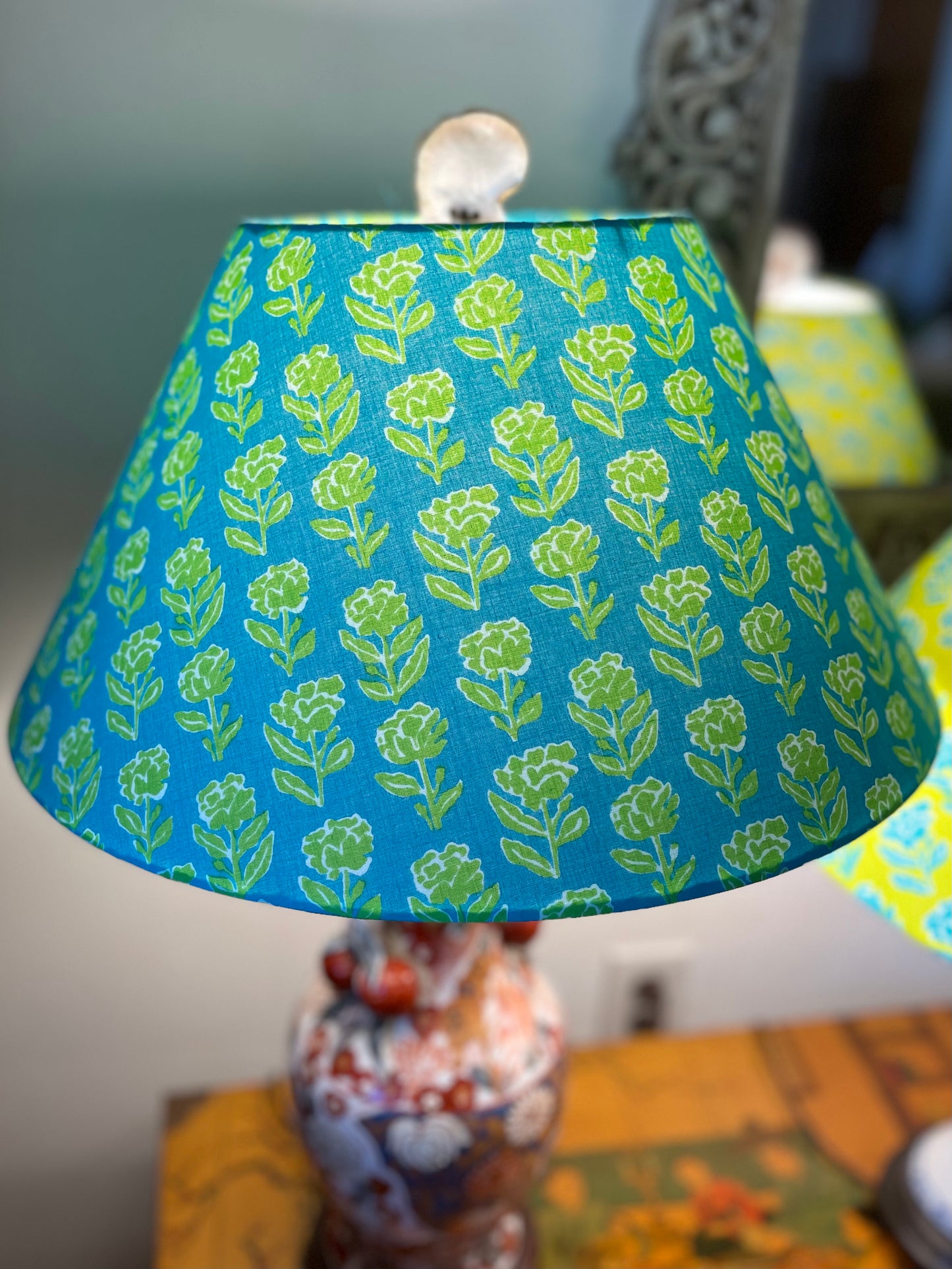 Large Conical Lampshade. Indian Block Print from Jaipur. Teal with Bright Avocado Floral.