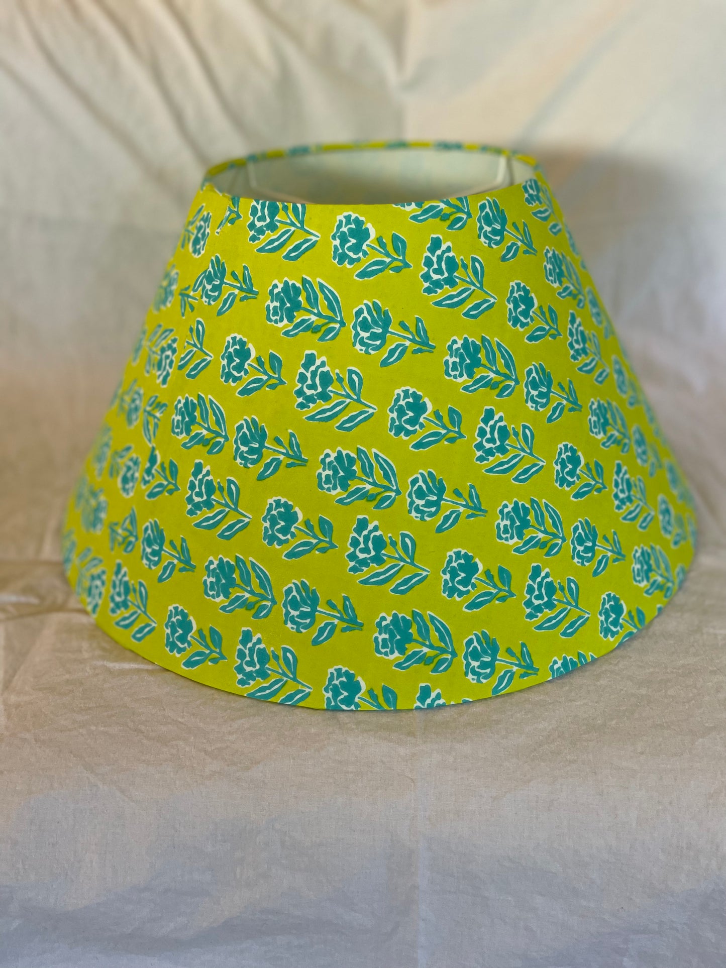Large Conical Lampshade. Indian Block Print from Jaipur. Lime Green with Teal Floral.