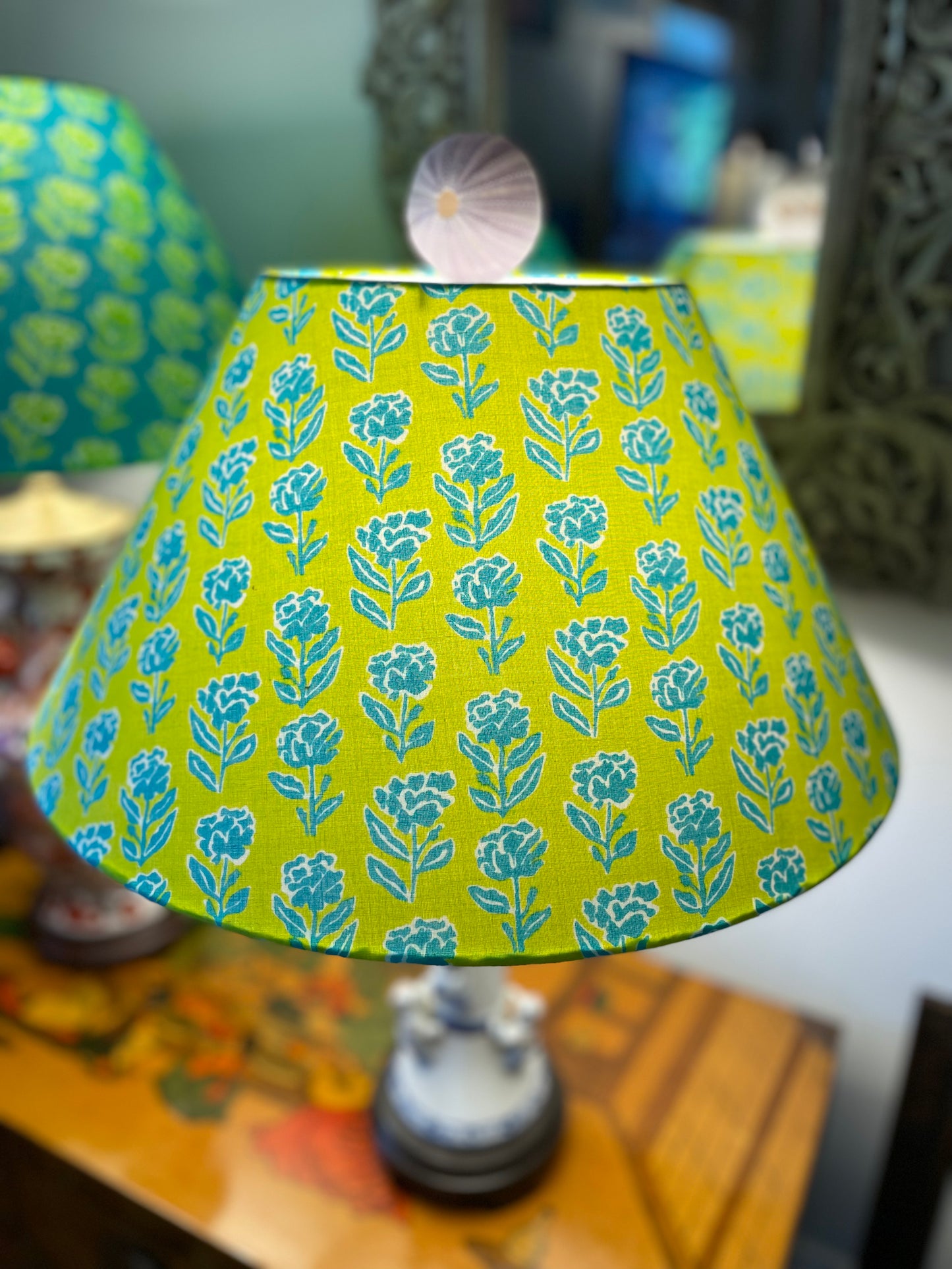 Large Conical Lampshade. Indian Block Print from Jaipur. Lime Green with Teal Floral.