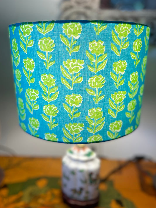 10 inch Drum Lampshade. Indian Block print from Jaipur. Teal with Bright Avocado Floral