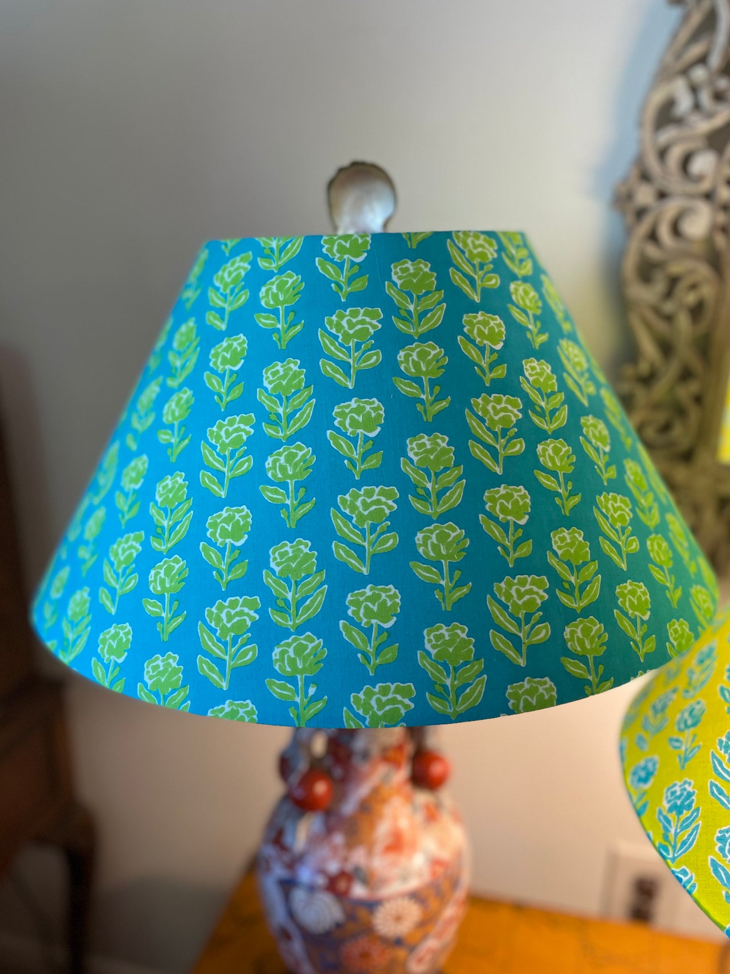 Large Conical Lampshade. Indian Block Print from Jaipur. Teal with Bright Avocado Floral.