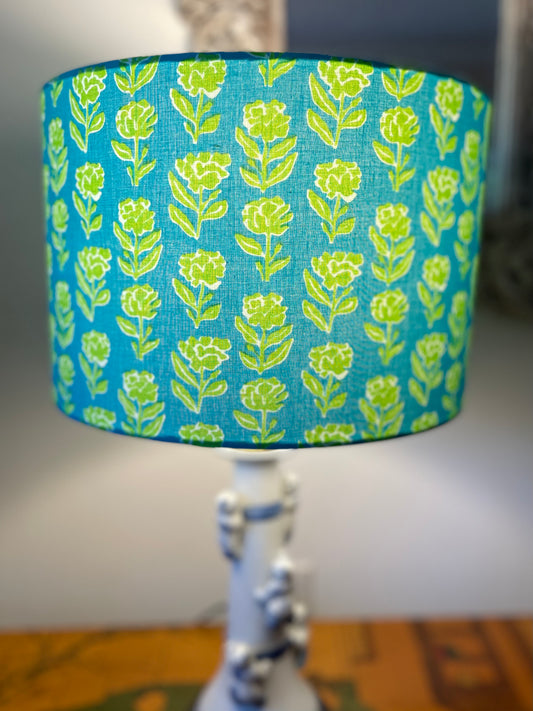 12 inch Drum Lampshade. Indian Block print from Jaipur. Teal with Bright Avocado Floral.