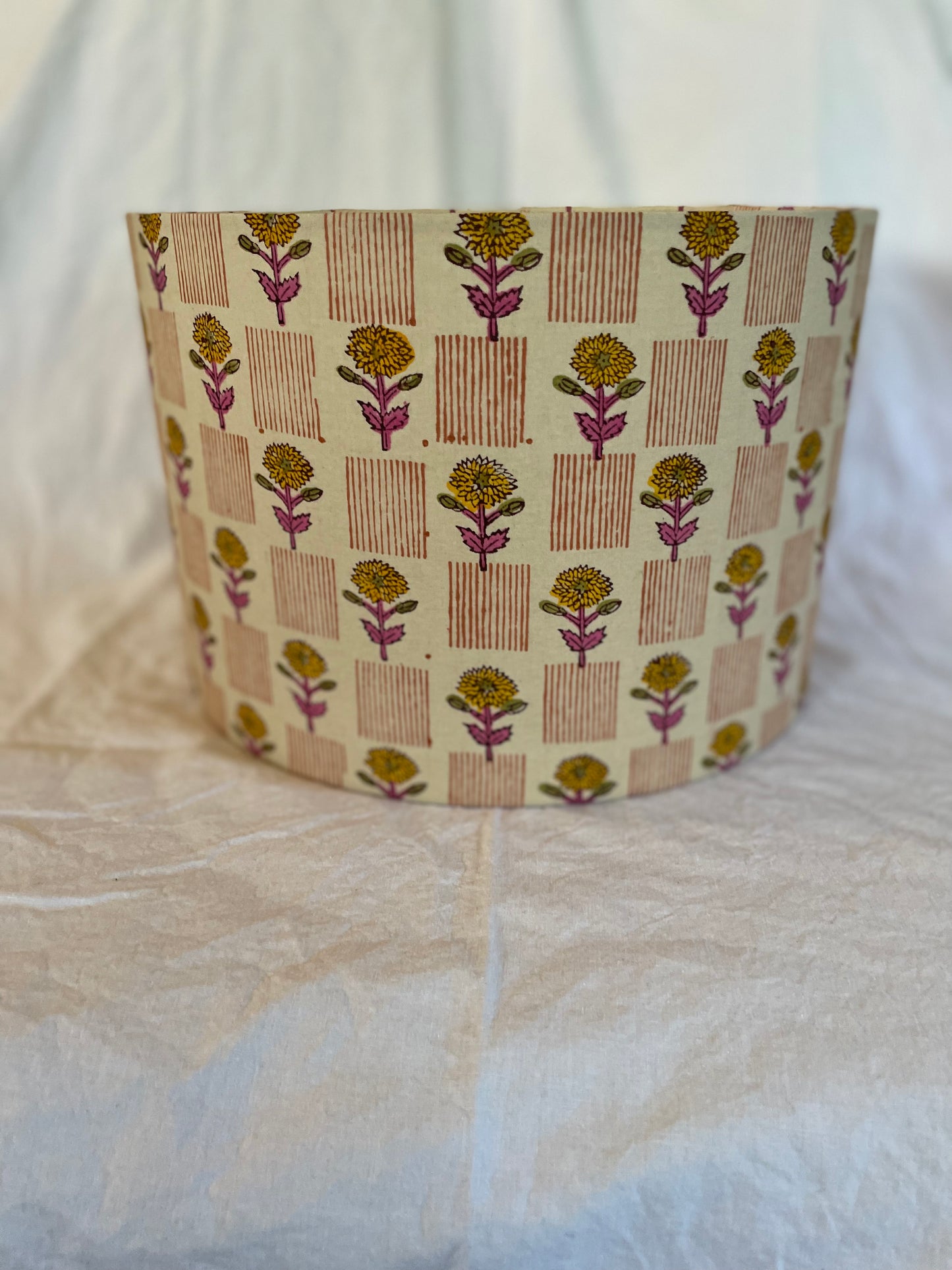 10 inch Drum Lampshade. Indian Block print from Jaipur. Camel with Pink, Gold, and Persian Orange Floral and Stripe.