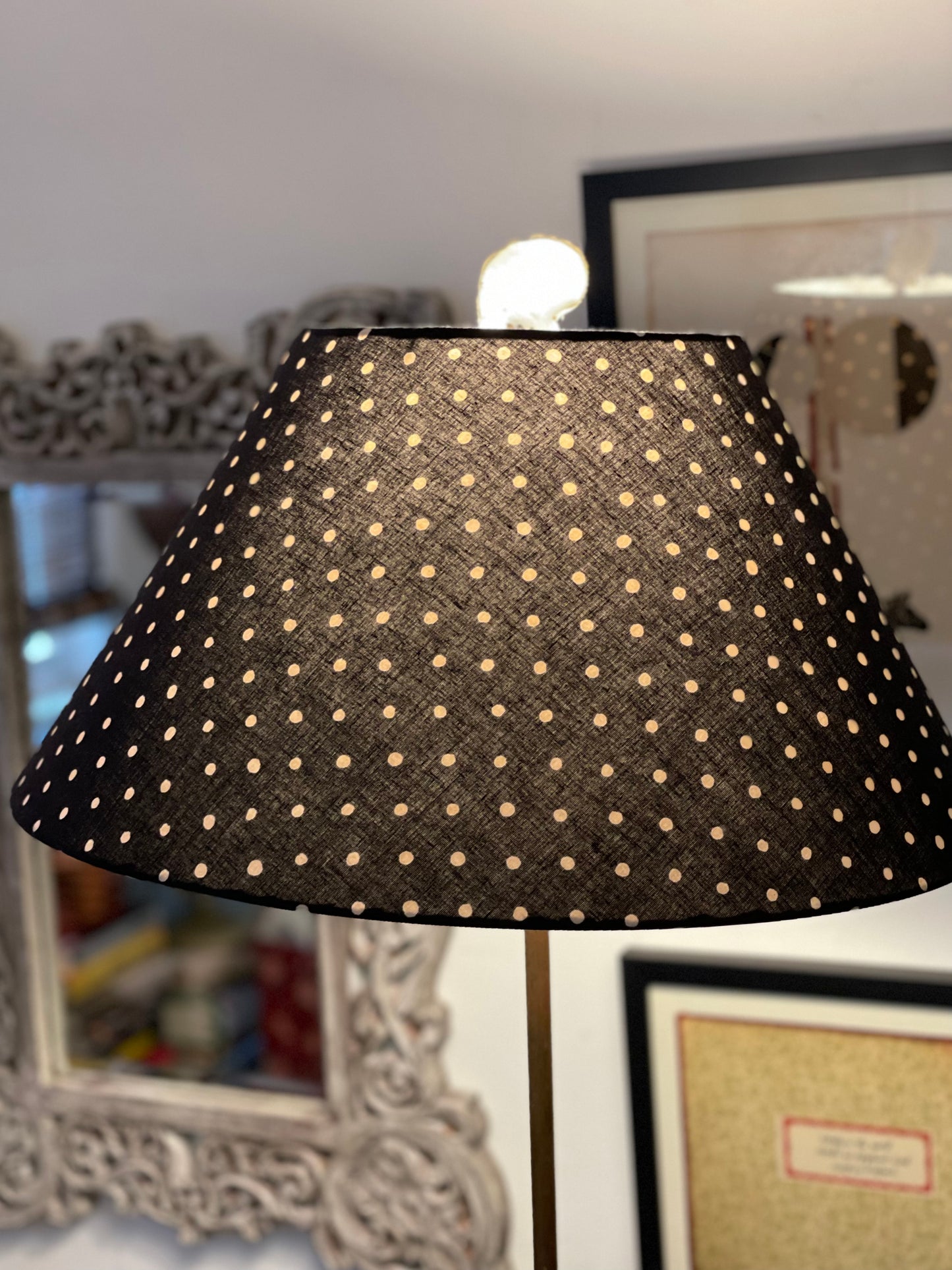 Large Conical Lampshade. Indian Hand Block Print. Black with Gentle Off-White Polka Dot.