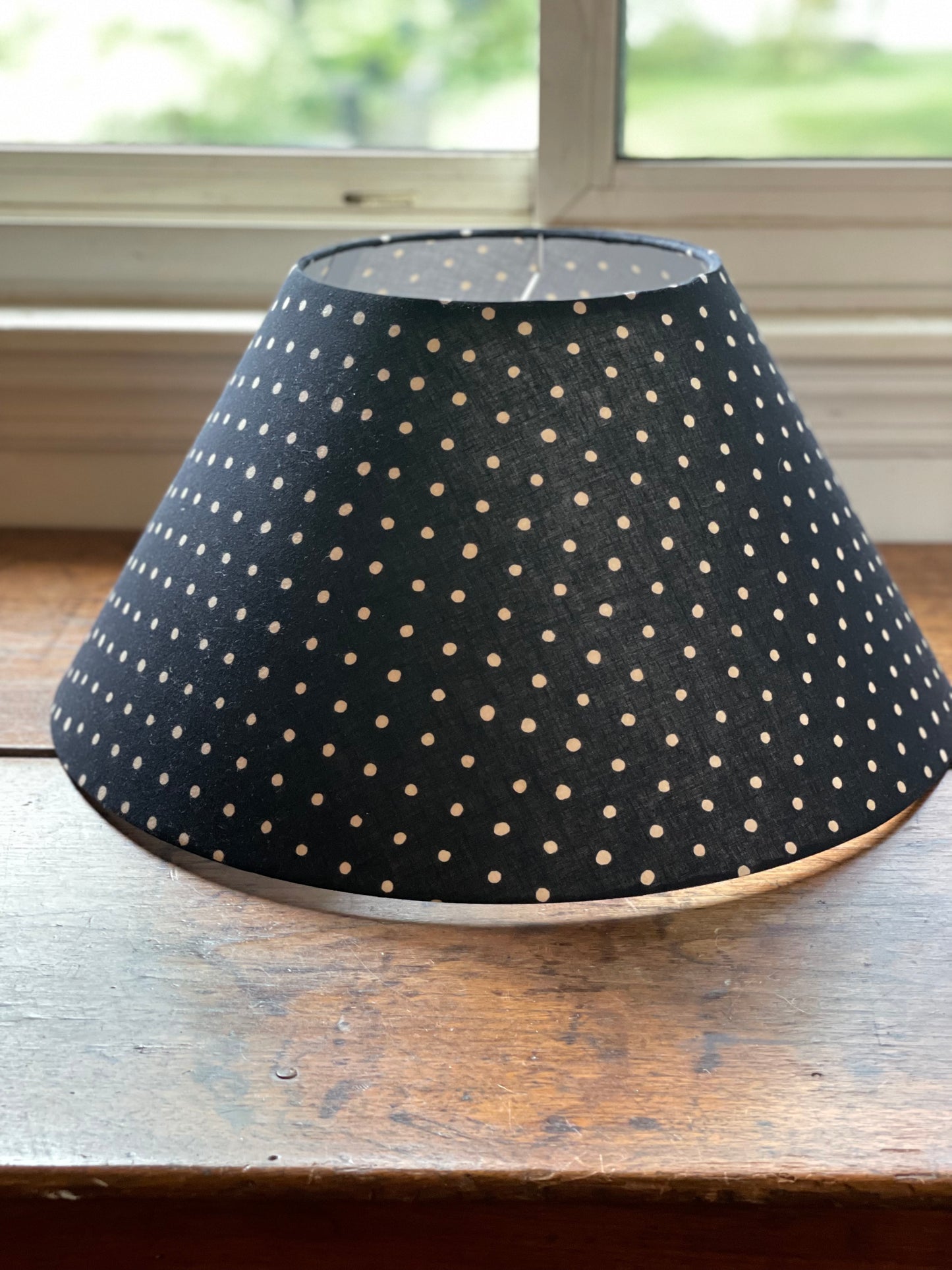 Large Conical Lampshade. Indian Hand Block Print. Black with Gentle Off-White Polka Dot.