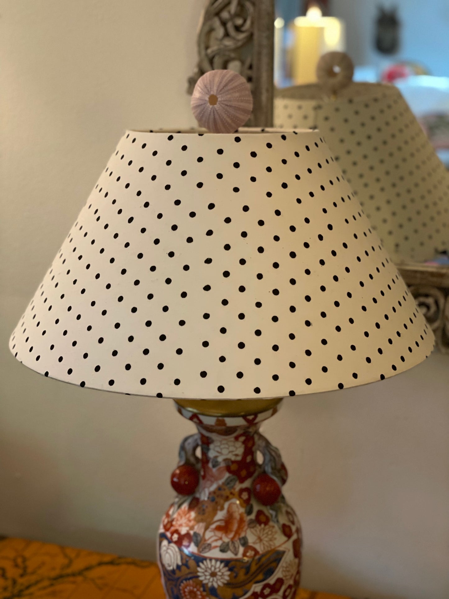 Large Conical Lampshade. Indian Hand Block Print. White with Black Polka Dot.