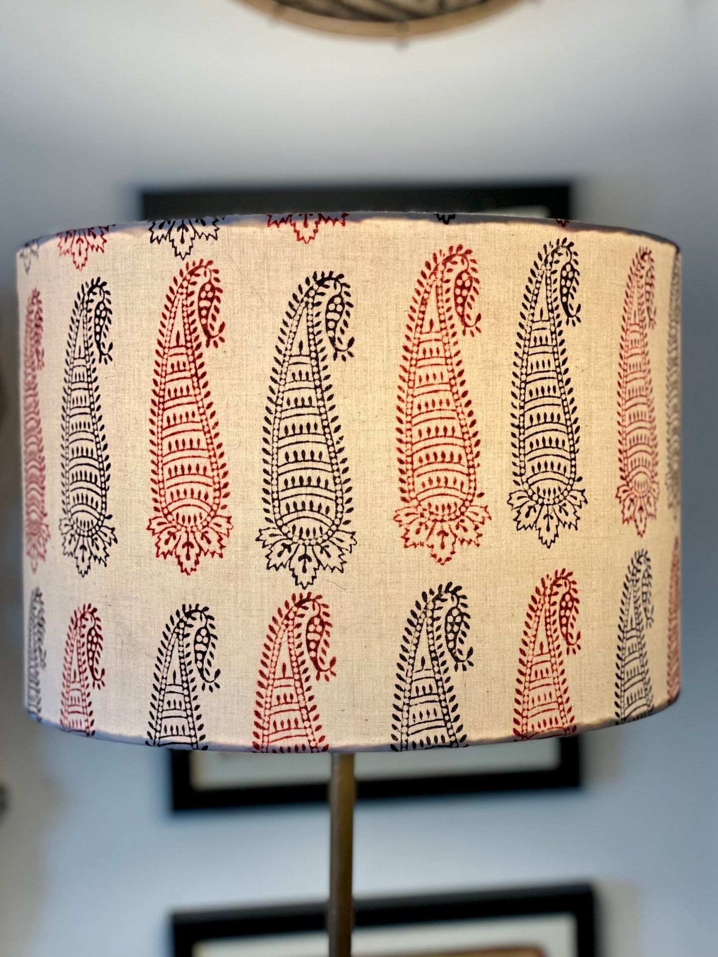 12 inch Drum Lampshade. Bagh Indian Hand Block. Ecru with Maroon and Black Elongated Buta Motif.