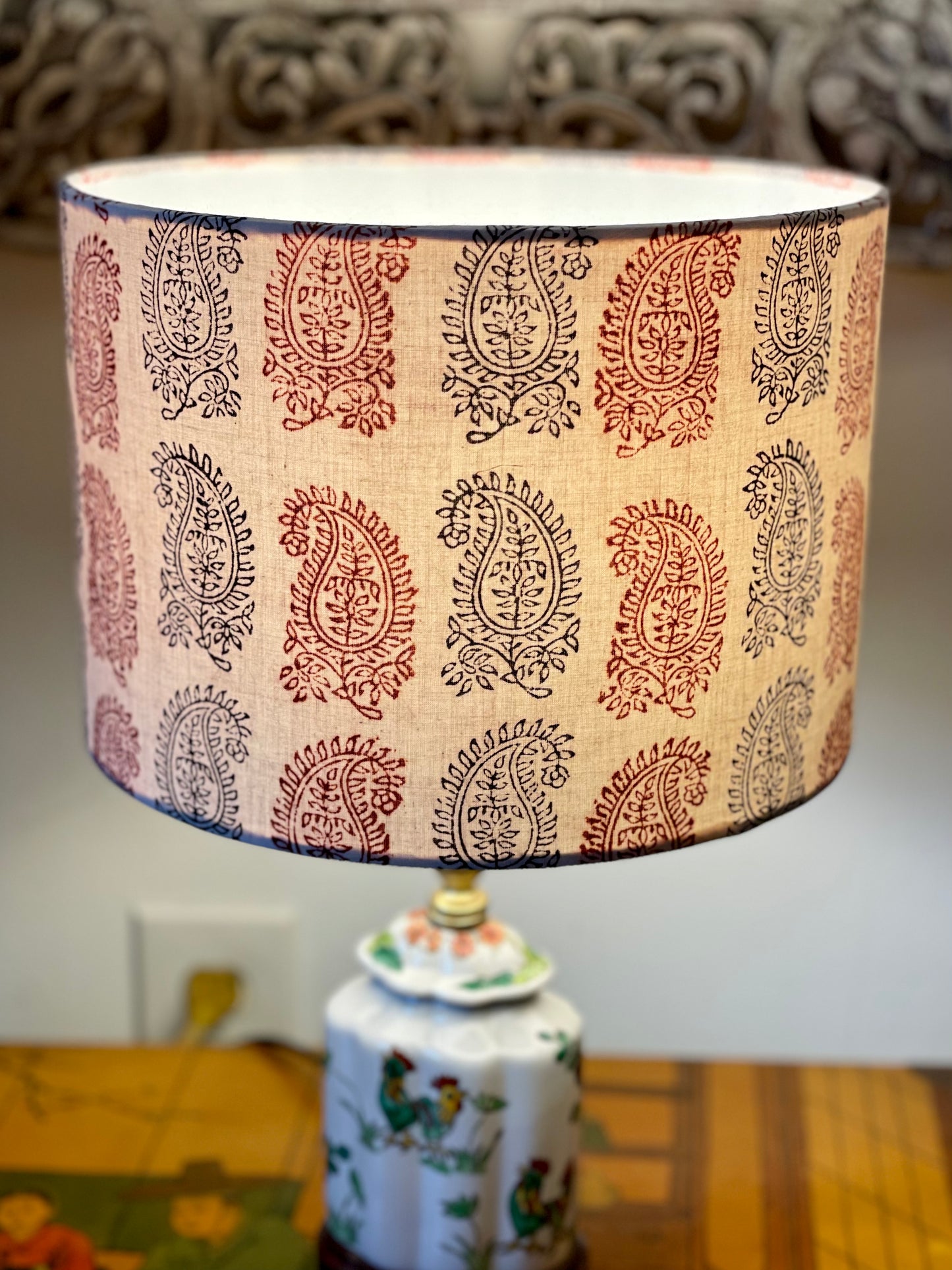10 inch Drum Lampshade. Bagh Indian Hand Block. Ecru with Maroon and Black Fancy Paisley Motif.