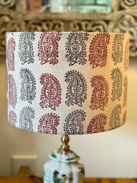 10 inch Drum Lampshade. Bagh Indian Hand Block. Ecru with Maroon and Black Fancy Paisley Motif.
