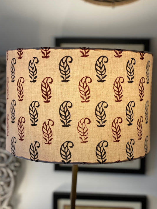 12 inch Drum Lampshade. Bagh Indian Hand Block. Ecru with Maroon and Black Buta Motif.