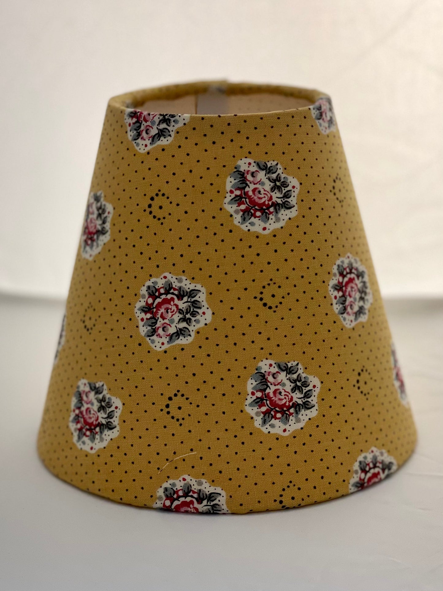 Small Clip-On Lampshade. Les Olivades "Maïanenco". Mustard Yellow with Pink Floral Bouquets.