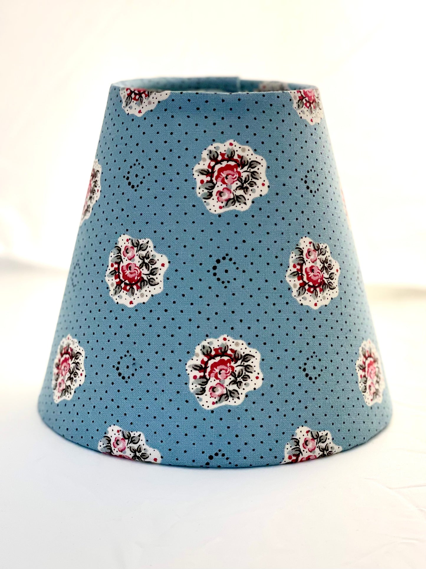 Small Clip-On Lampshade. Les Olivades "Maïanenco". French Blue with Pink Floral Bouquets.