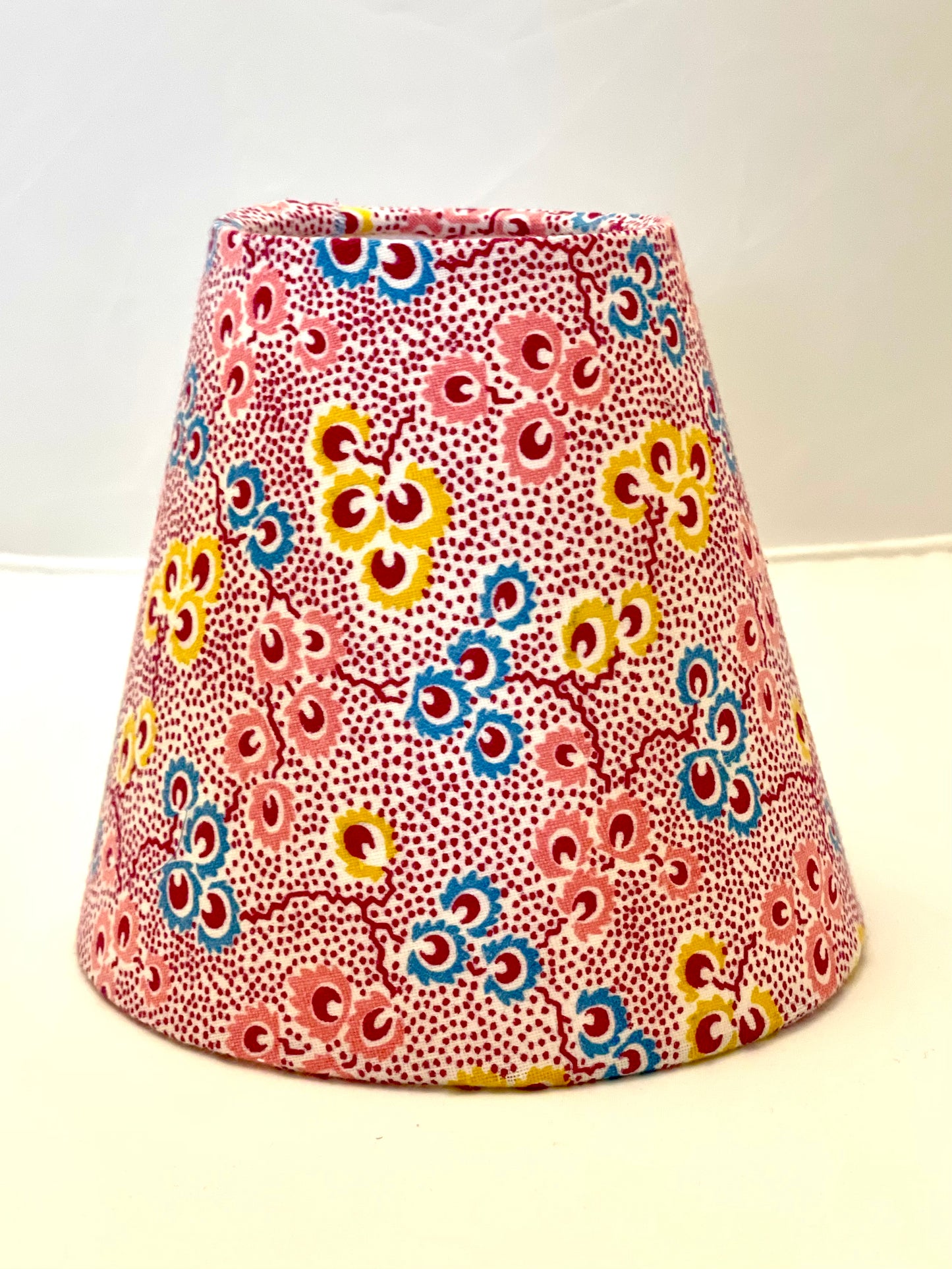 Small Clip-On Lampshade. Vintage French Fabric from the 1930's. Shades of Red, Pink, Teal, and Mustard.