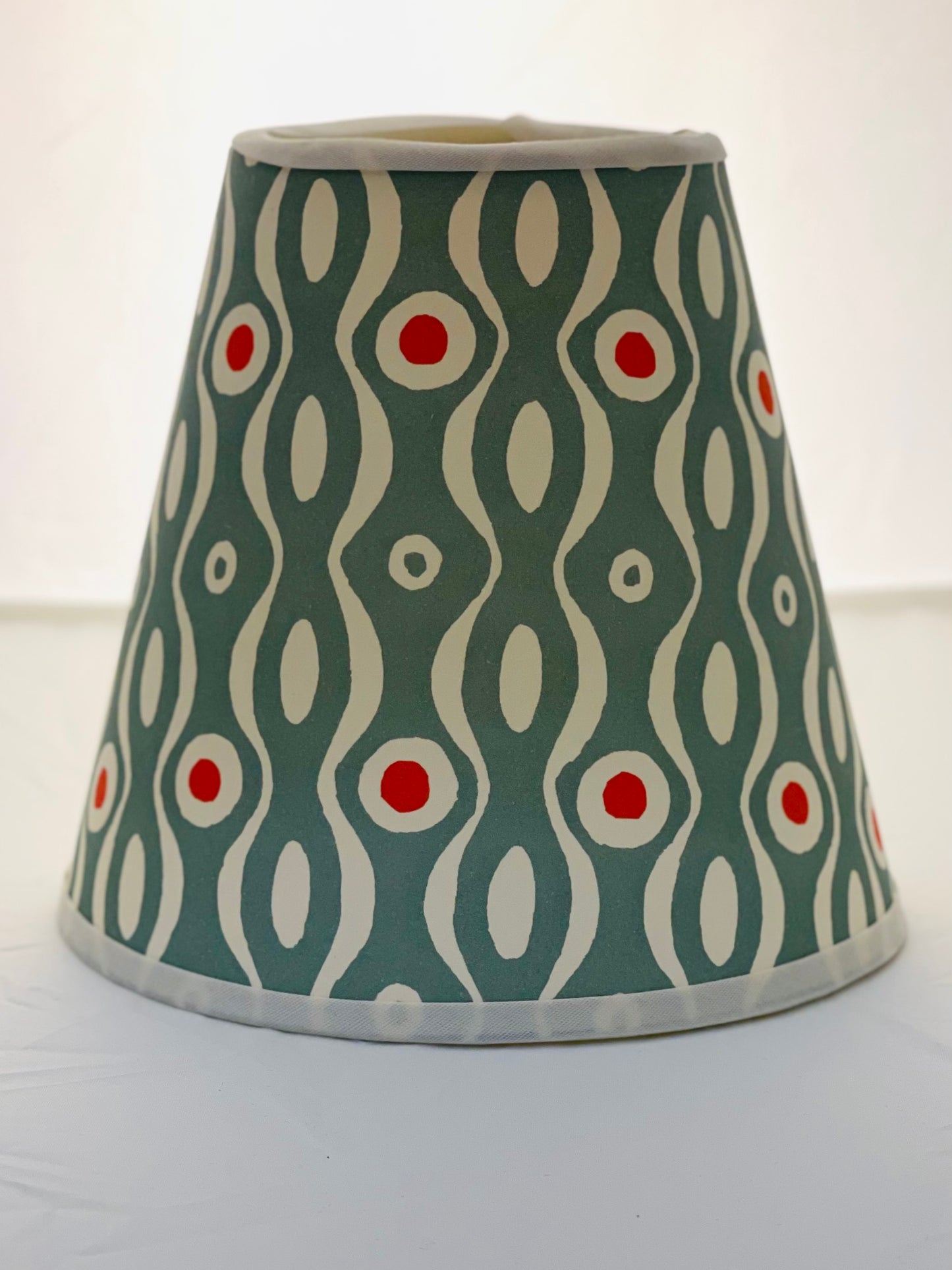 Small Clip-On Lampshade. Patterned Paper from England. "Persephone" Grayish Teal with Orange. White Trim.