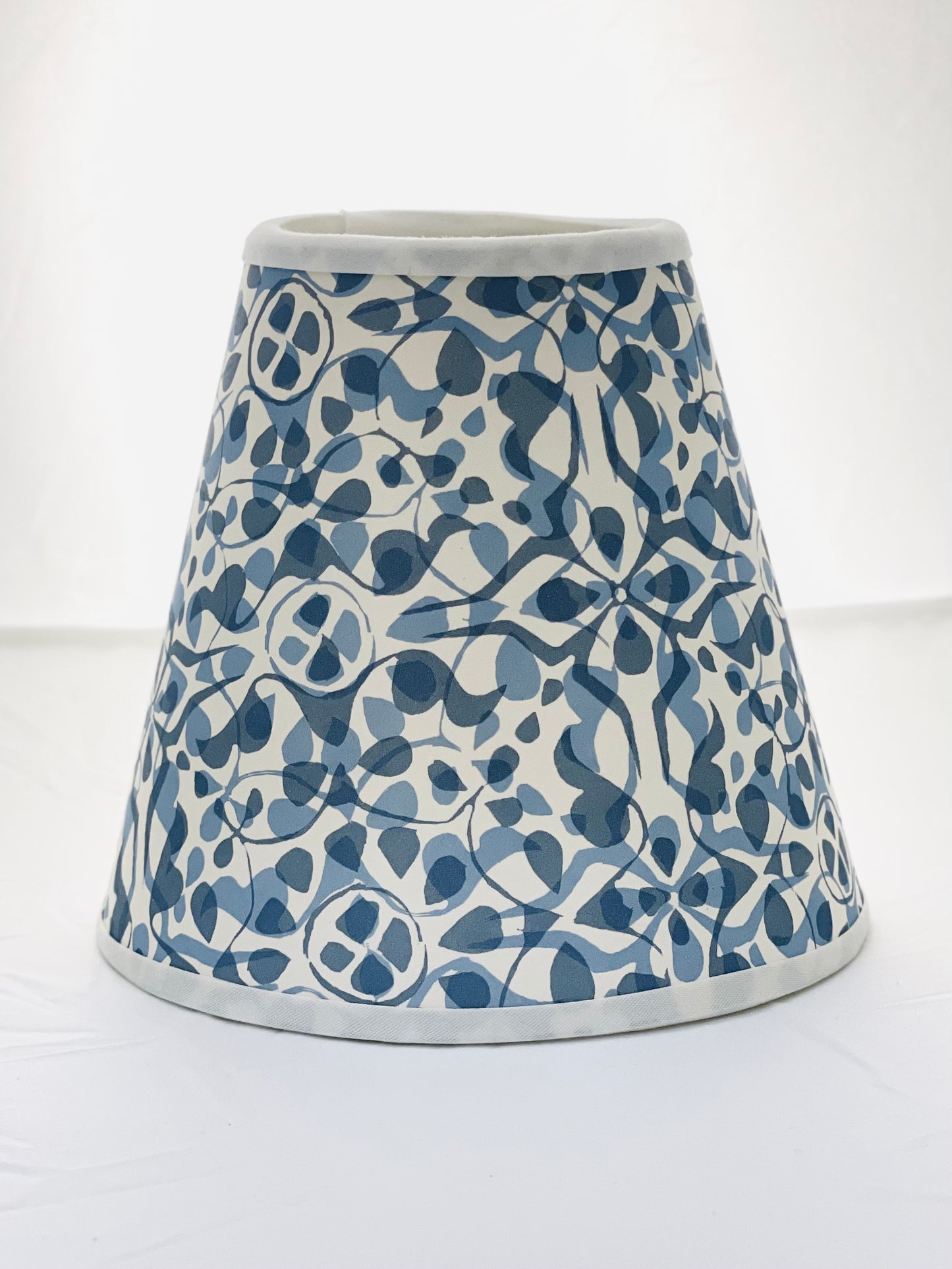 Small Clip-On Lampshade. Patterned Paper from England. Dappled Blue with White Trim.