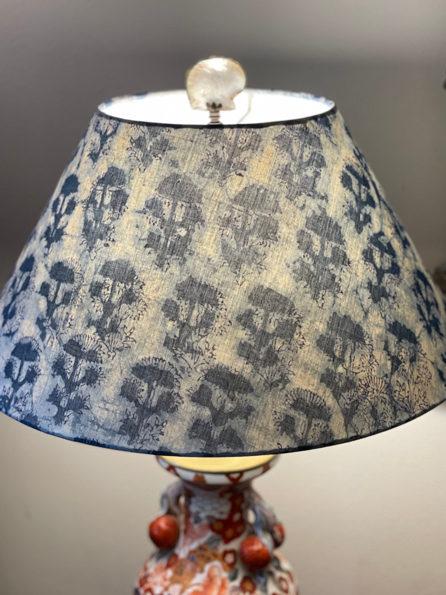 Large Conical Lampshade. Indigo Hand Batik. Painterly Floral Blue and White.