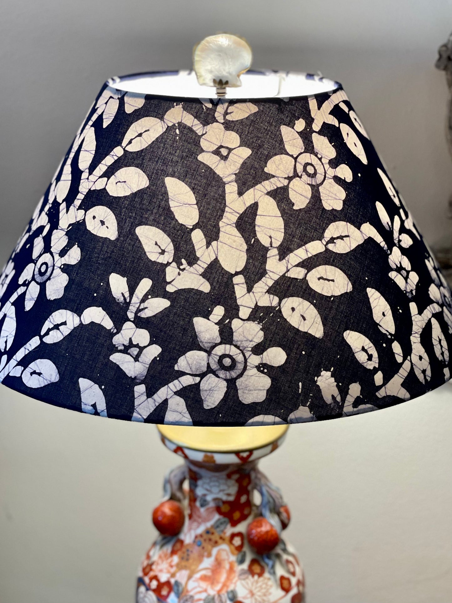 Large Conical Lampshade. Indigo Hand Batik. Deep Indigo Blue with White Narcissus Floral.