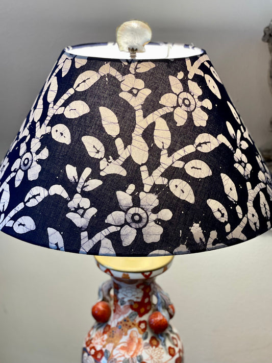 Large Conical Lampshade. Indigo Hand Batik. Deep Indigo Blue with White Narcissus Floral.