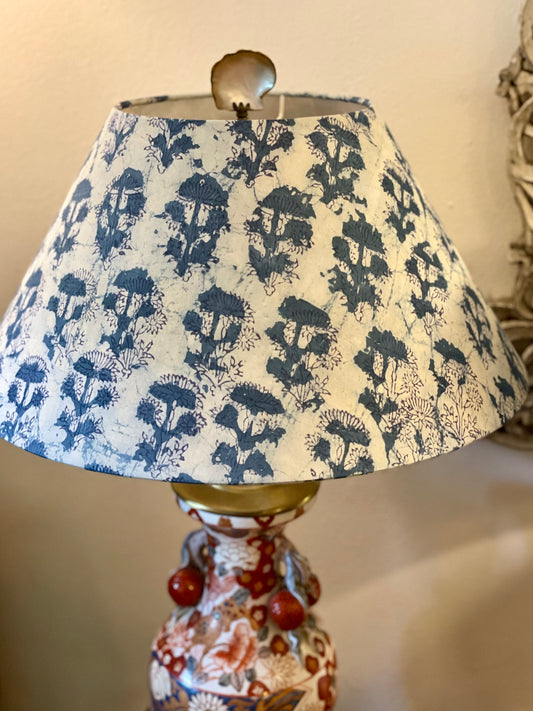 Large Conical Lampshade. Indigo Hand Batik. Painterly Floral Blue and White.