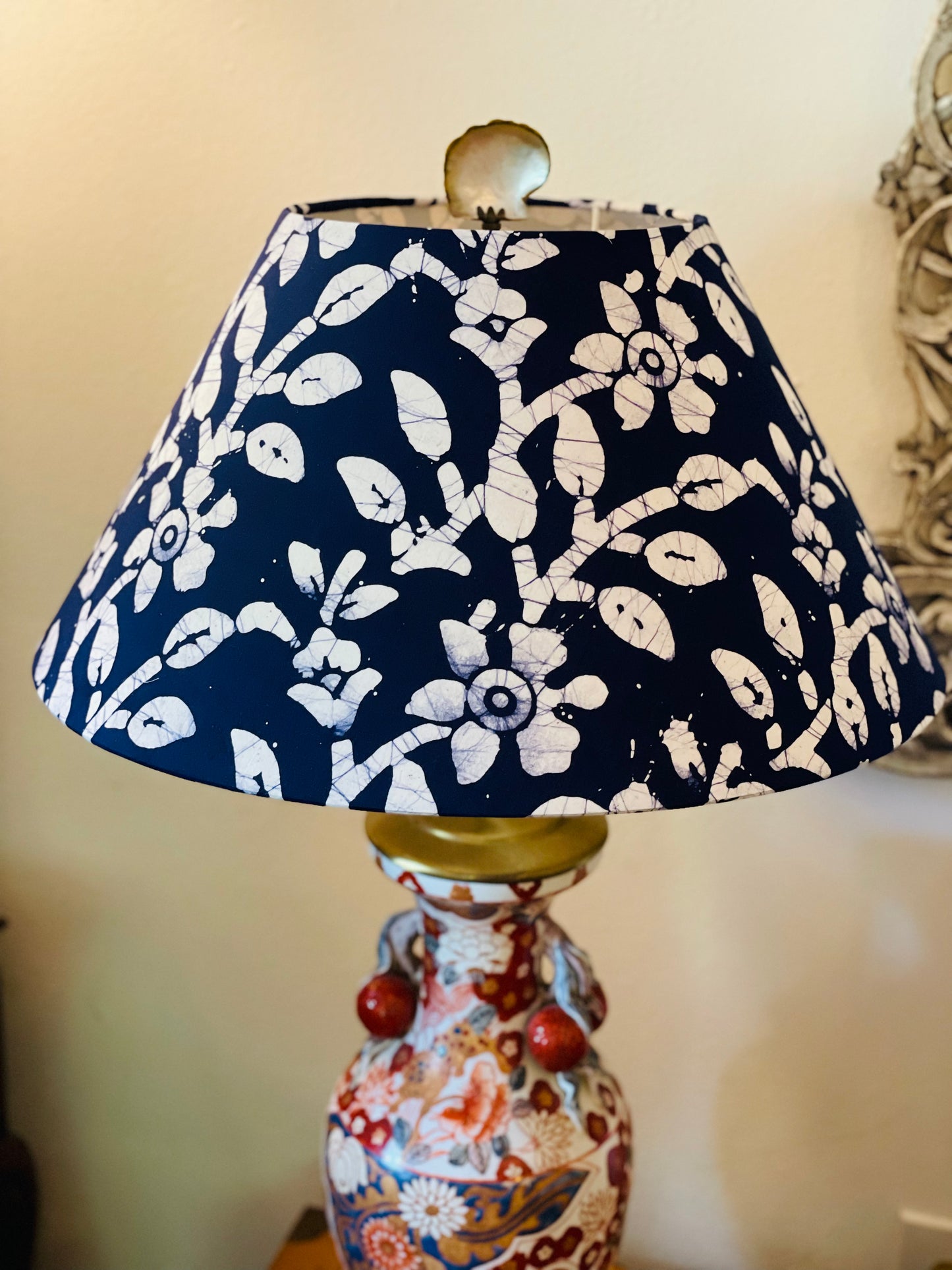 Large Conical Lampshade. Indigo Hand Batik. Deep Indigo Blue with White Narcissus Floral.