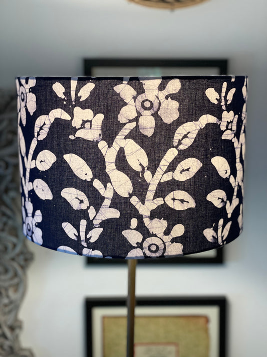 12 Inch Drum Lampshade. Indigo Hand Batik. Deep Indigo Blue with White Narcissus Floral.