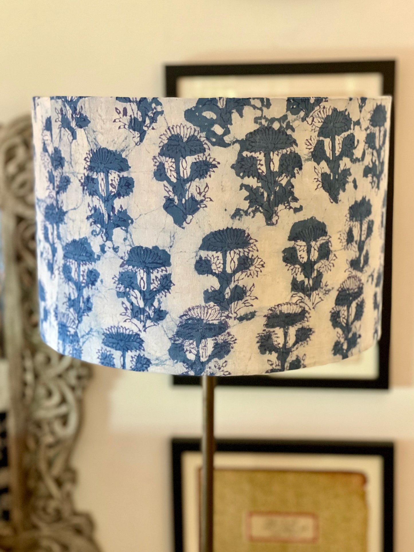 12 Inch Drum Lampshade. Indigo Hand Batik. Painterly Floral Blue and White.
