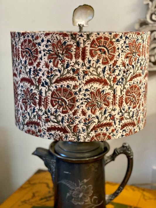 12 Inch Drum Lampshade. Kalamkari Indian Block Print. Sand with Sienna and Inky Black Floral.