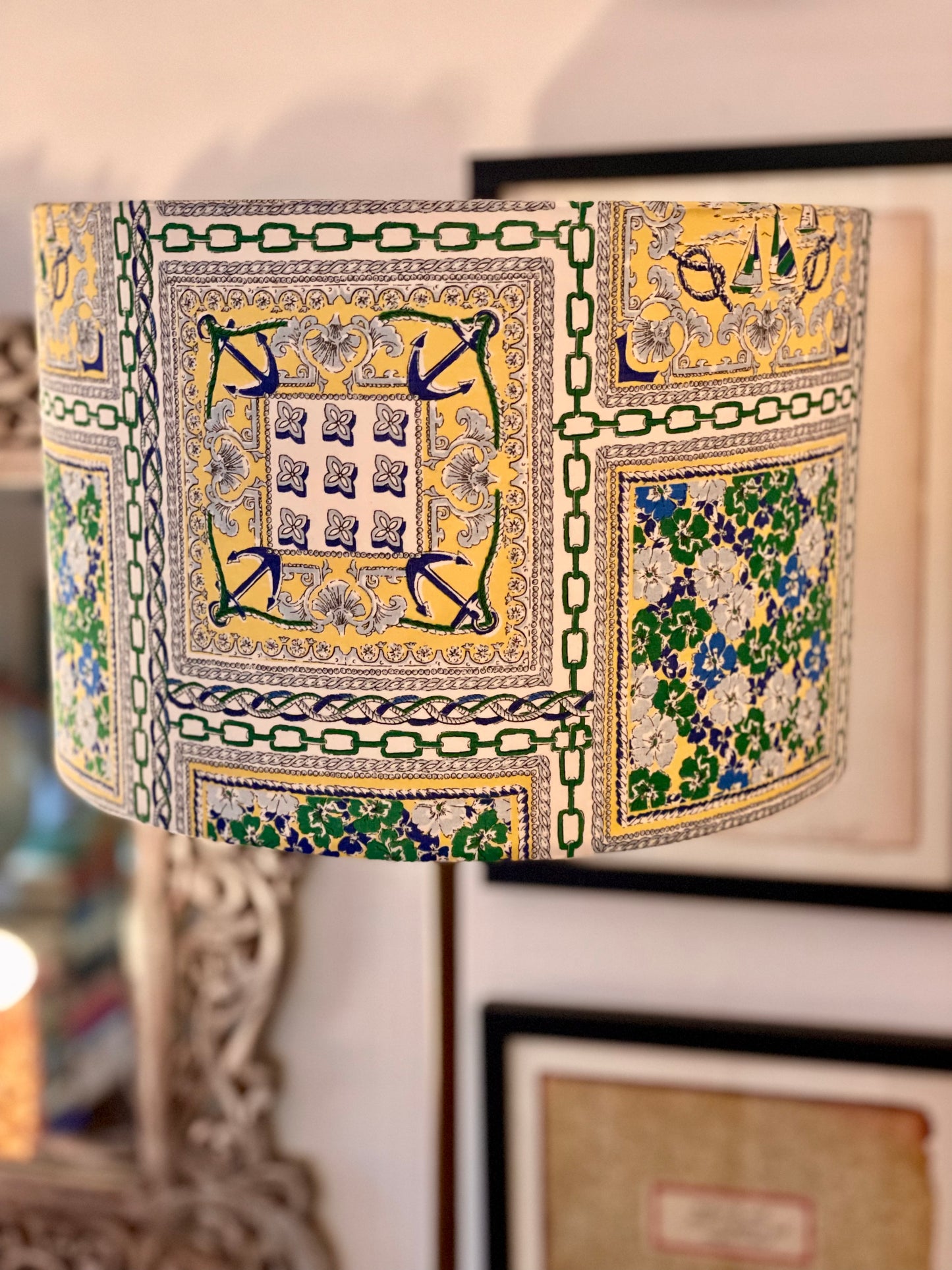 12 Inch Drum Lampshade. Japanese Cotton Lawn. Yellow, Blue, Green, and White Nautical Motif.