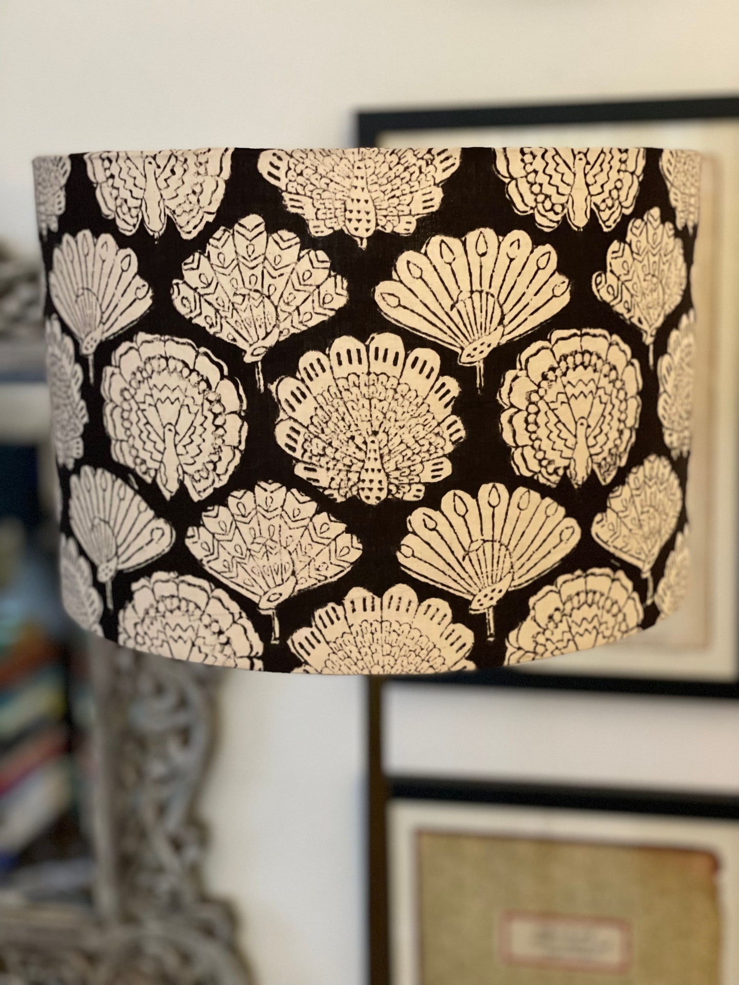 12 Inch Drum Lampshade. Indian Hand Block Print. Black with Ivory Peacock Motif.