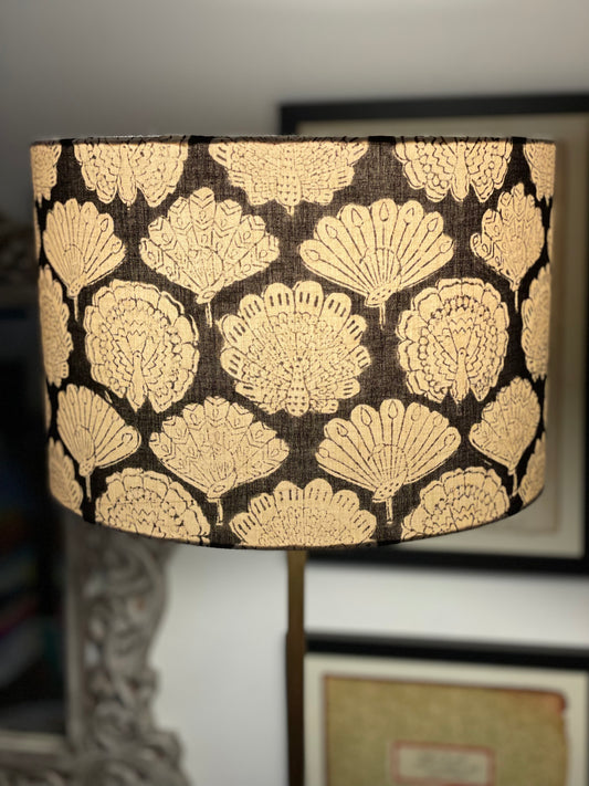 12 Inch Drum Lampshade. Indian Hand Block Print. Black with Ivory Peacock Motif.