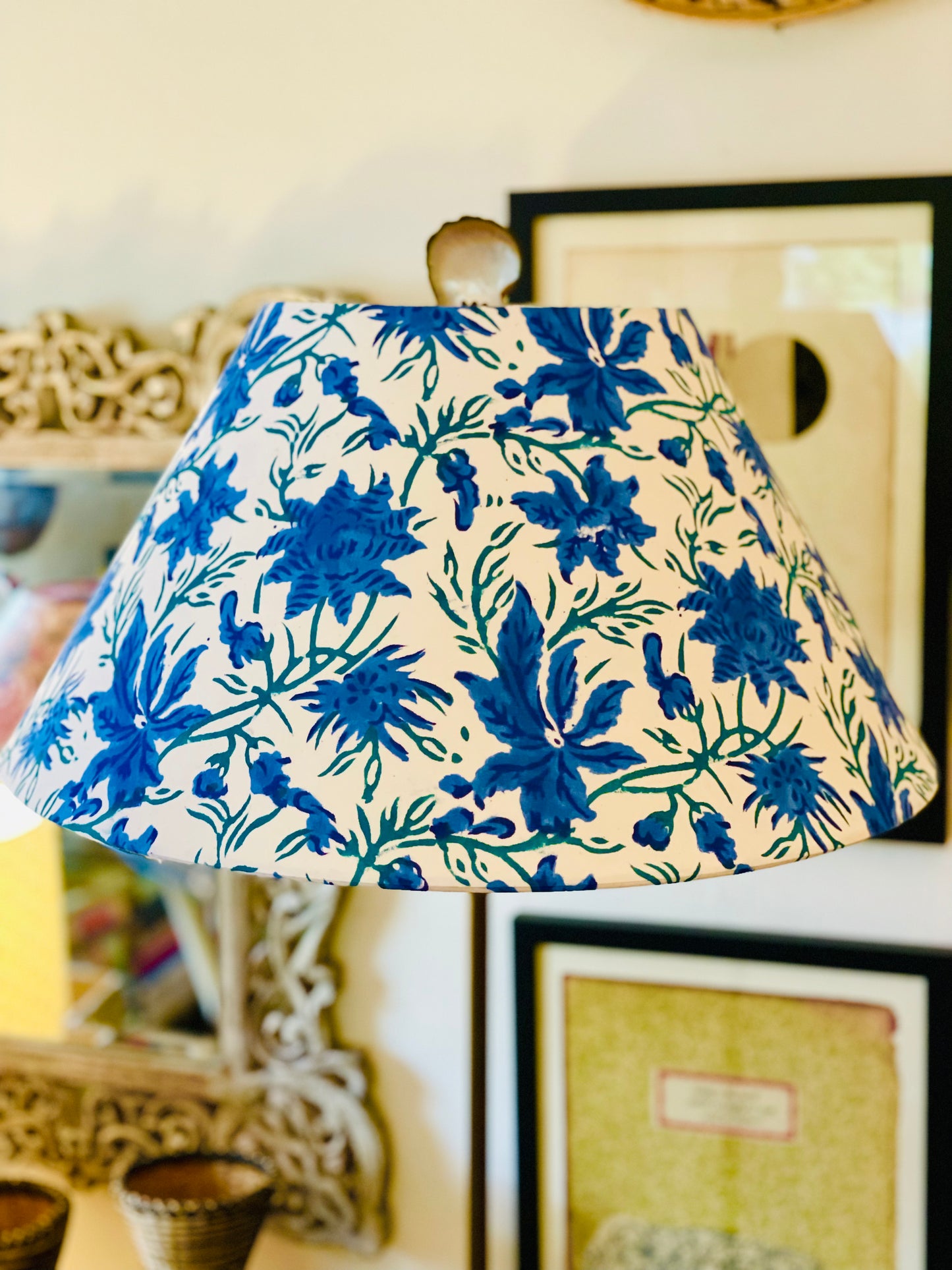Large Conical Lampshade. Hand Block Print from India. Bright Blue and Dark Teal Floral.