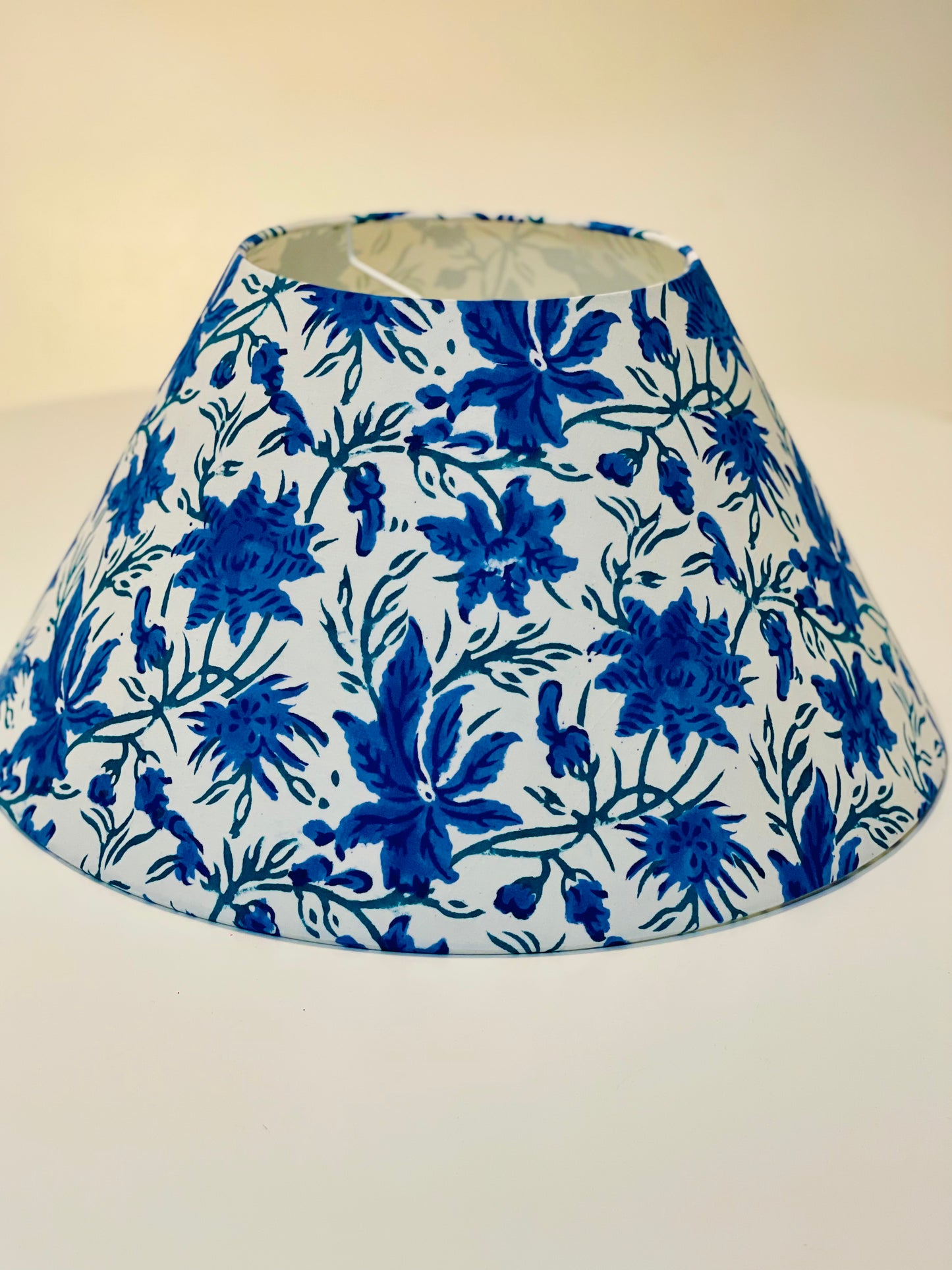 Large Conical Lampshade. Hand Block Print from India. Bright Blue and Dark Teal Floral.