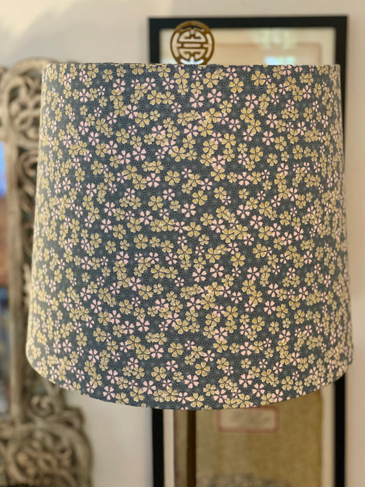 Large Empire Lampshade. 11.75 x 13.75 x 11.75. Japanese Cherry Blossom Motif, Light Teal, Gold, and Pale Pink.