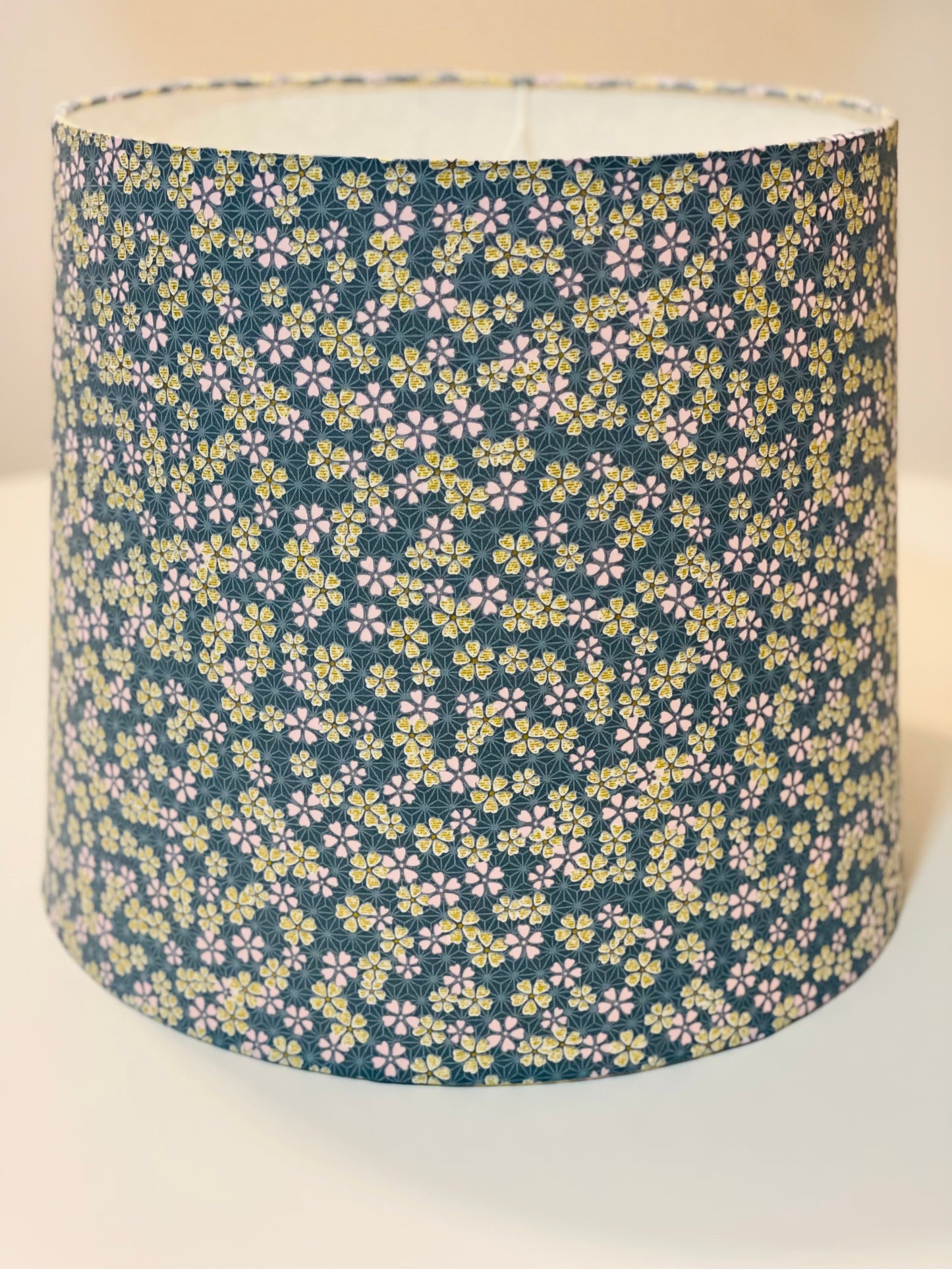 Large Empire Lampshade. 11.75 x 13.75 x 11.75. Japanese Cherry Blossom Motif, Light Teal, Gold, and Pale Pink.