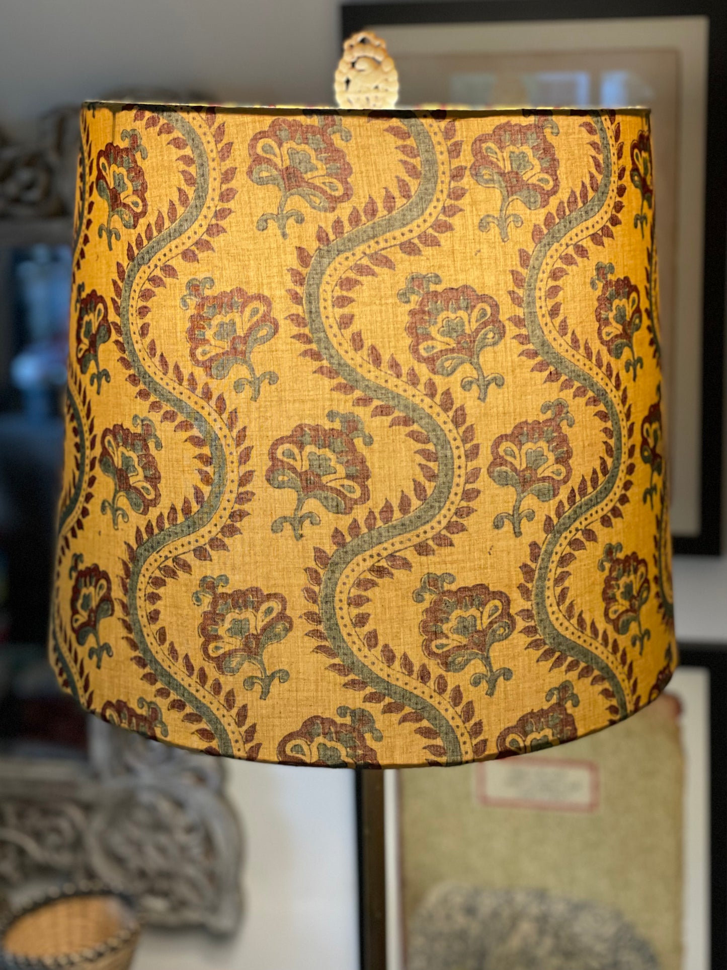 Large Empire Shade. 11.75 x 13.75 x 11.75. Ajrakh Mul Cotton Block Print. Mustard Yellow with Maroon and Cadet Blue Details.
