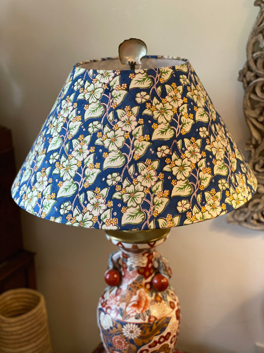 Large Conical Lampshade. Indian Hand Block Print. Cobalt, Banana Yellow, and Ivory Floral.