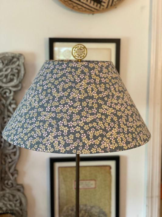 Large Conical Lampshade. Japanese Cherry Blossom Motif, Light Teal, Gold, and Pale Pink.