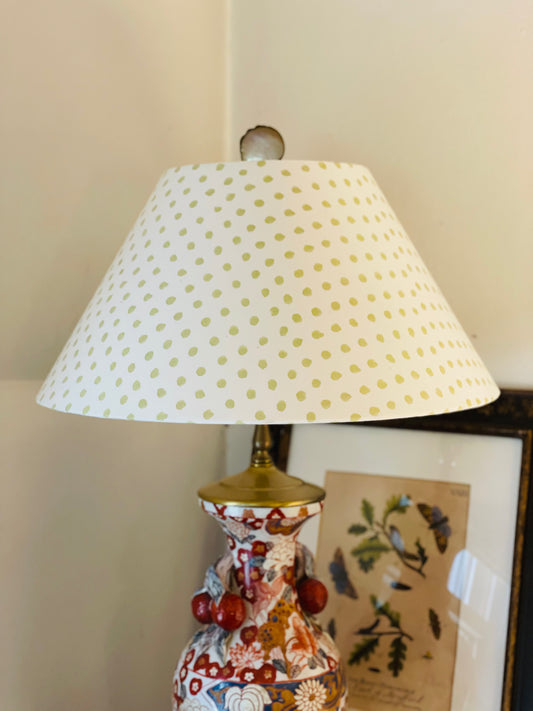 Large Conical Lampshade. Indian Hand Block Print. Pretty Pale Green Polka Dot.