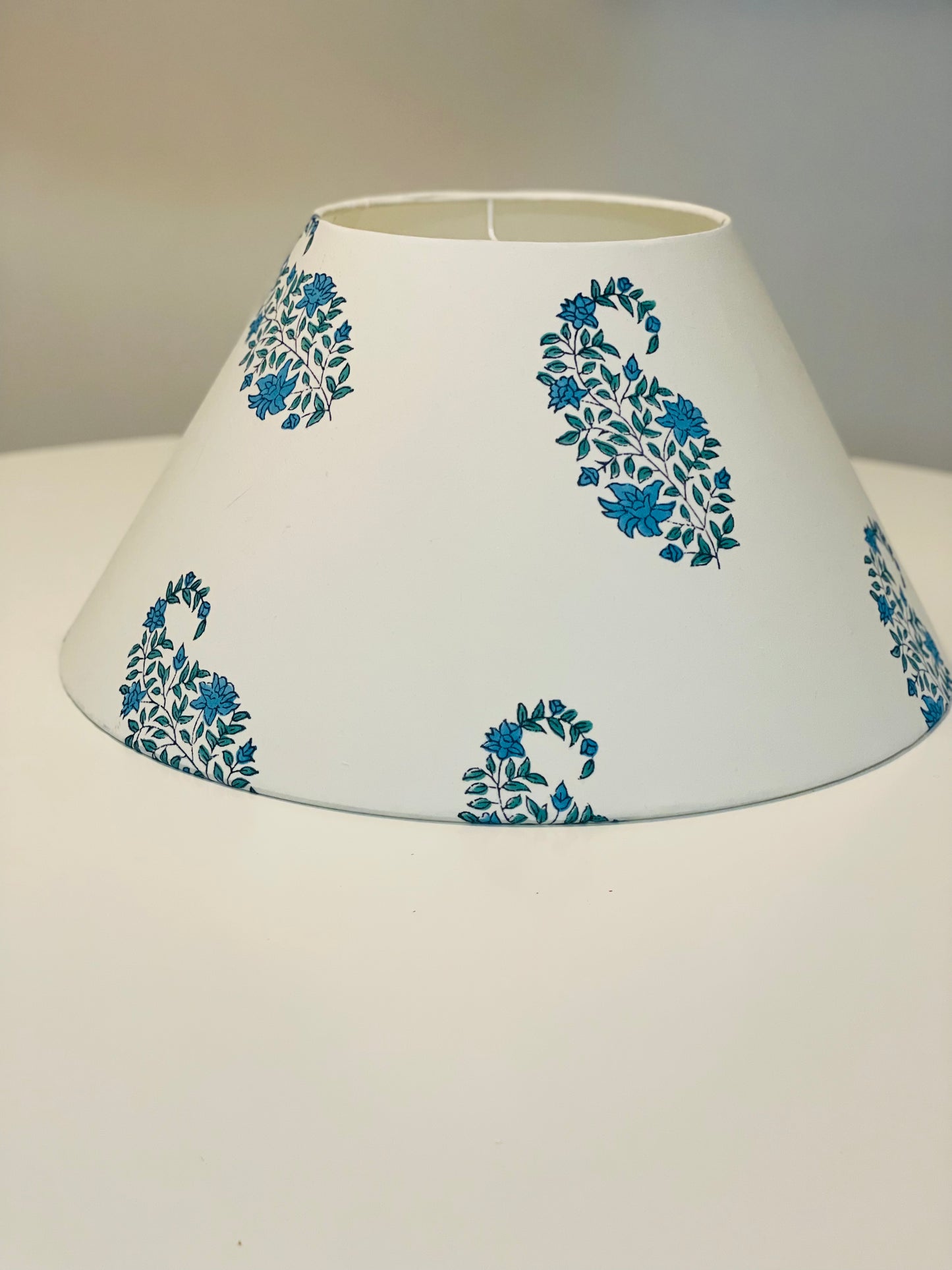 Large Conical Lampshade. Indian Hand Block Print. Teal Blue and Green Buti on Crisp White.