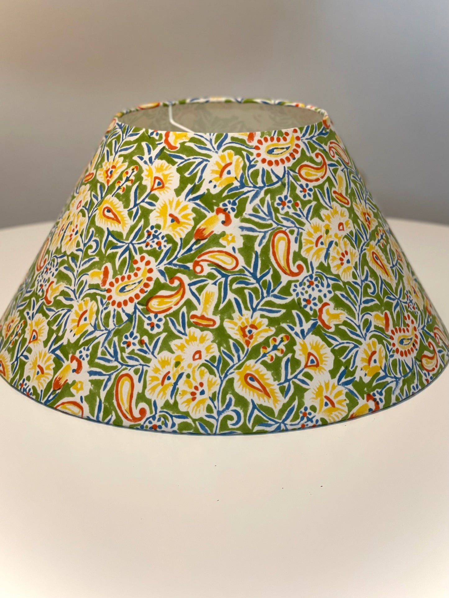 Large Conical Lampshade. Indian Hand Block Print. Apple Green, Bright Yellow, Red and Steely Blue Floral.