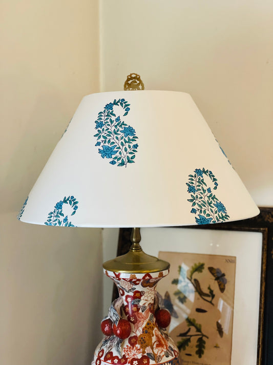 Large Conical Lampshade. Indian Hand Block Print. Teal Blue and Green Buti on Crisp White.