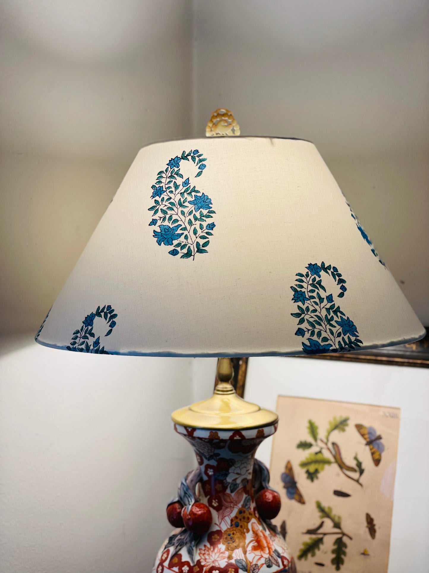 Large Conical Lampshade. Indian Hand Block Print. Teal Blue and Green Buti on Crisp White.