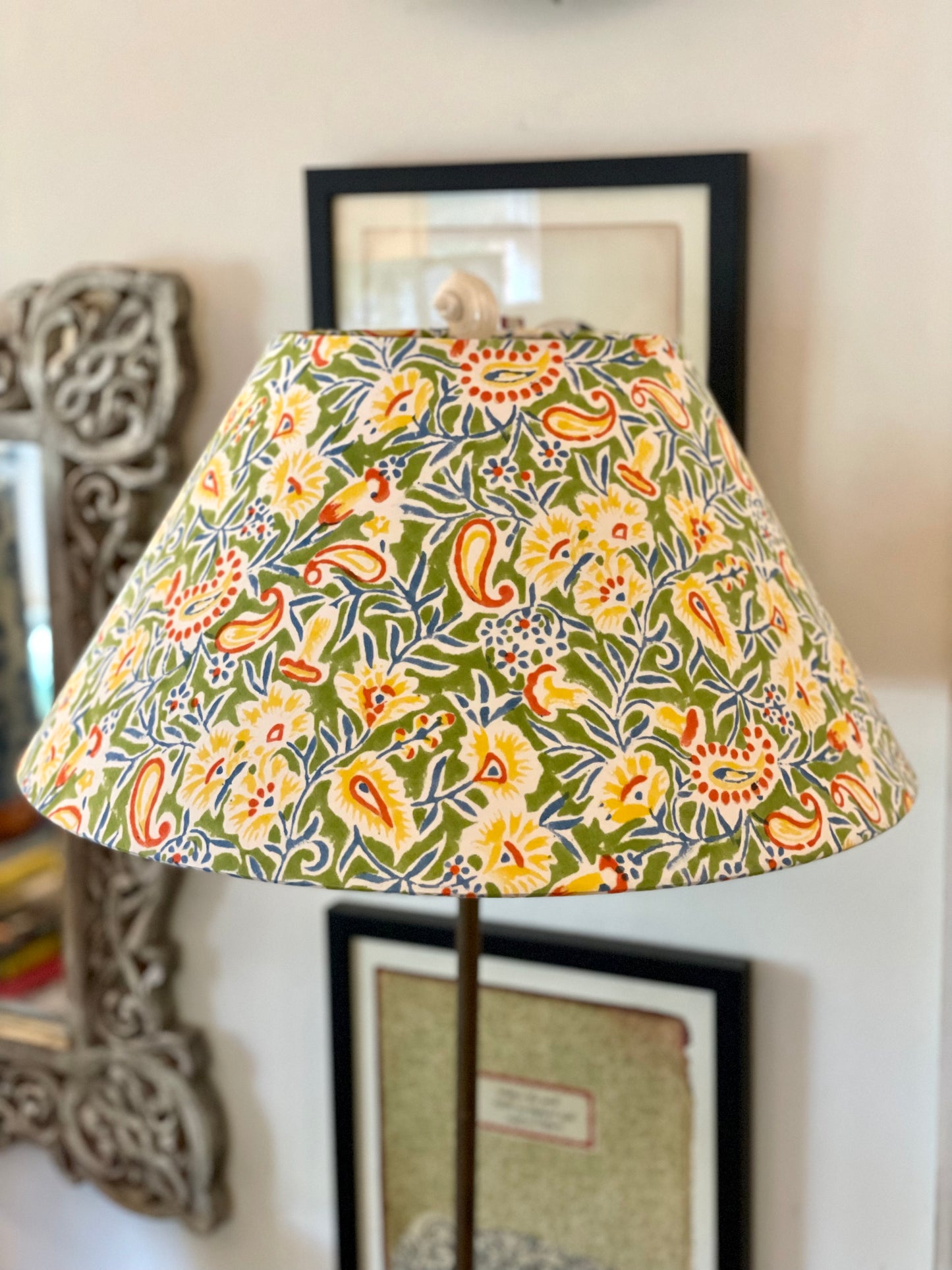 Large Conical Lampshade. Indian Hand Block Print. Apple Green, Bright Yellow, Red and Steely Blue Floral.