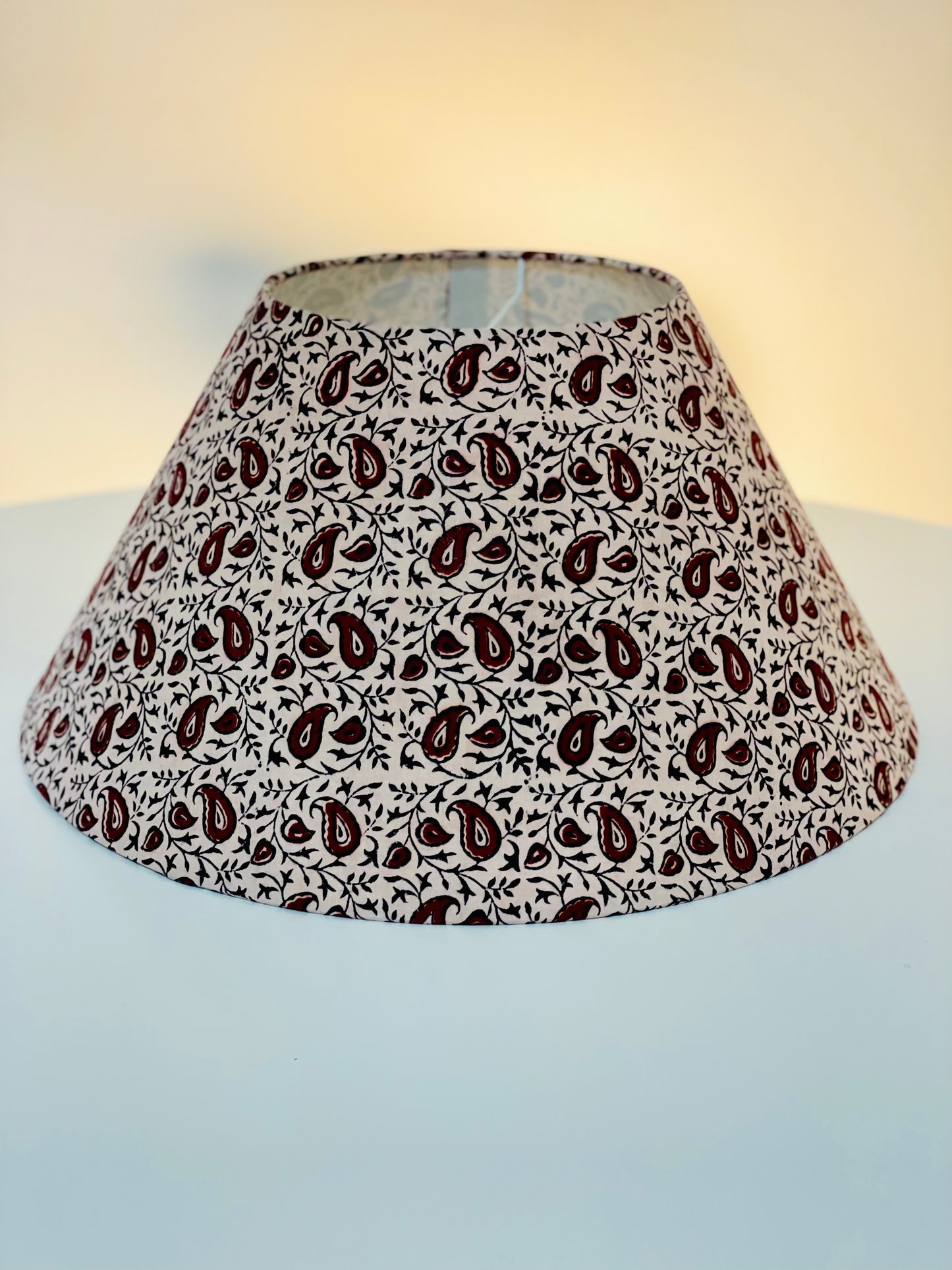 Large Conical Lampshade.Indian Block Print. Indian Block Print from Bagh. Maroon and Licorice Paisley Pattern on Ivory.