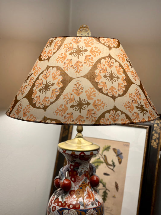 Large Conical Lampshade. Japanese Fabric. Coffee, Pale Salmon, and Bone Mod-Retro Pattern.